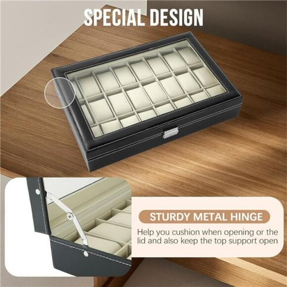 Watch Display Case 24 Slot Glass Top Organizer Faux Leather Jewelry Storage - Picture 5 of 7